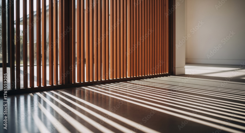 Fototapeta premium Sunlight patterns in room, illuminating smooth floor. Sunlight patterns through blinds creates natural shadows on floor, enhancing textures and surface details.