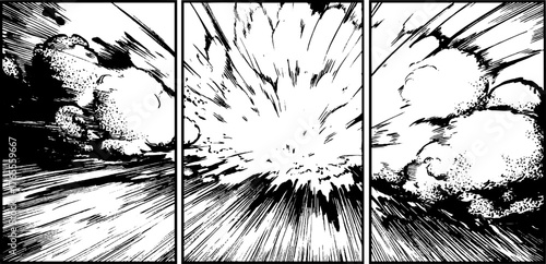 Dynamic manga storyboard depicting explosive energy blast with speed lines