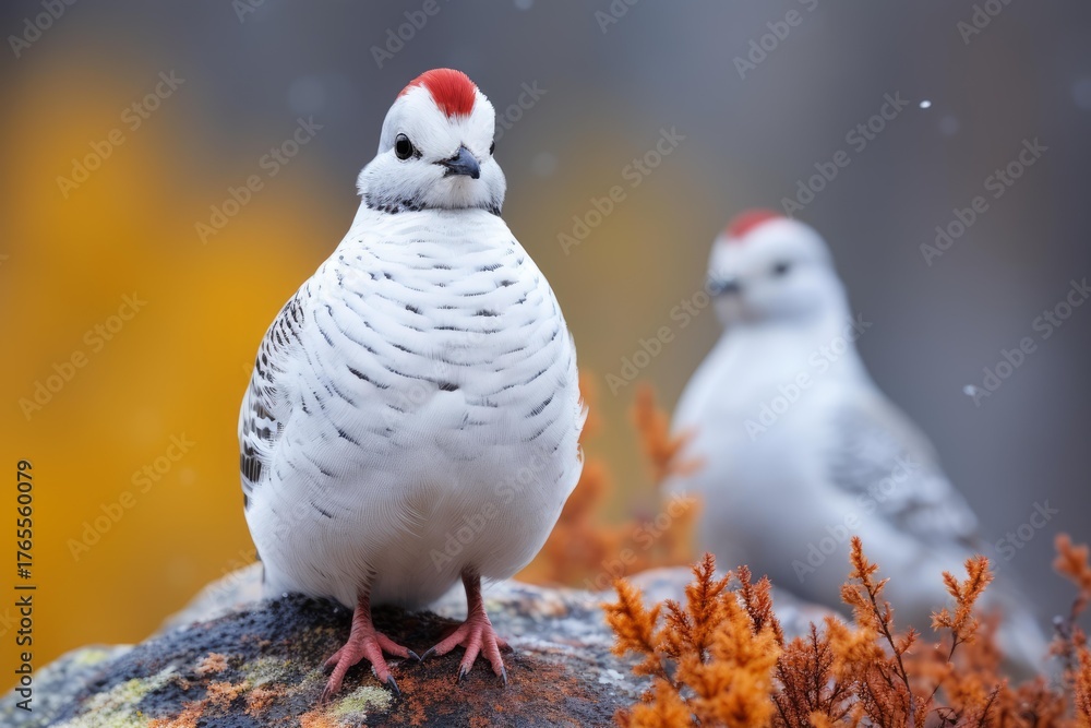 Obraz premium Svalbard rock ptarmigan standing on a rock in its natural habitat with another ptarmigan blurred in the background