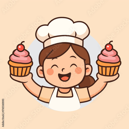 Cute smiling female baker holding two cupcakes, cartoon style character mascot for bakery, patisserie, dessert shop, or logo design. Perfect for branding, sticker, or packaging use.