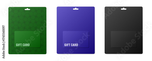 Gift card packaging mockups with hanging hole. Green, blue, and black cardboard packs. Voucher or coupon	