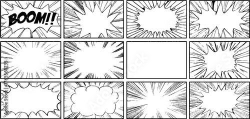 Dynamic comic book layout with explosive manga effect panels for creative use