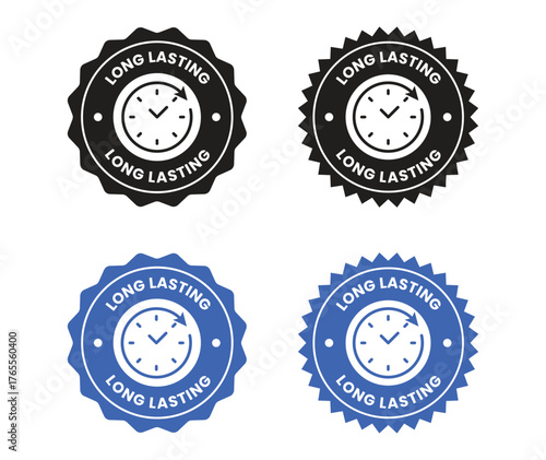 Long lasting icons set, logo, label, badge, symbol, arrow, stamp, black, line, flat vector, isolated illustration. Pharma or beauty label for product packaging design. Hourglass, time, clock icon.
