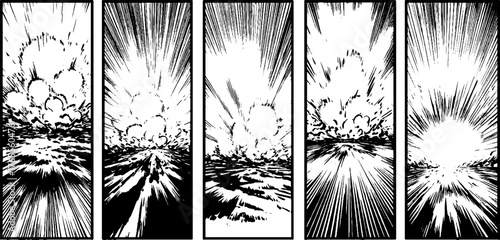 Dynamic manga energy burst with layered panels and circular motion design