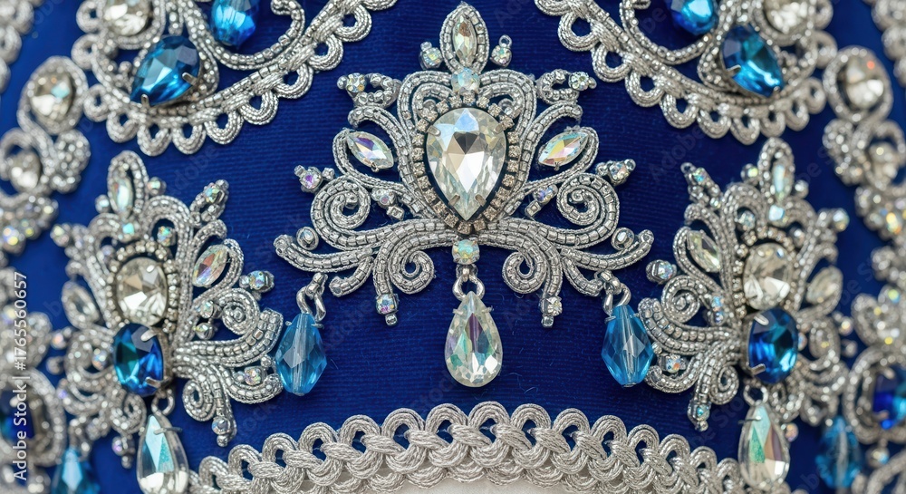 Obraz premium Intricate blue beaded embroidery on fabric with silver and jewel accents