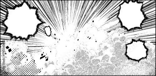 Dynamic manga ink burst with smoke clouds and halftone dots