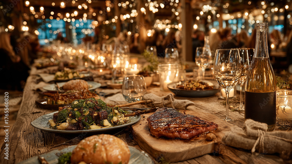 Fototapeta premium Communal dining experience with diverse group set in cozy ambiance