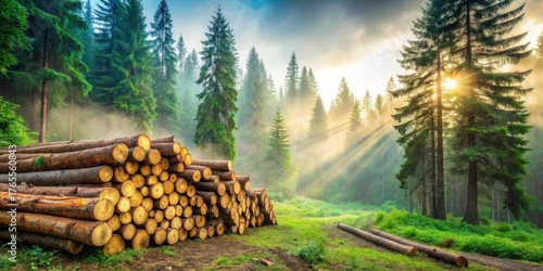 Sunbeams Illuminate a Misty Forest with Stacked Logs