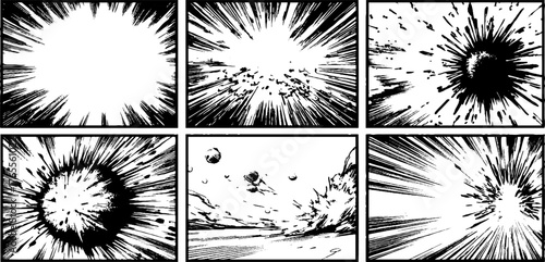 Dynamic manga page layout with explosive energy and action frames for creative comic design