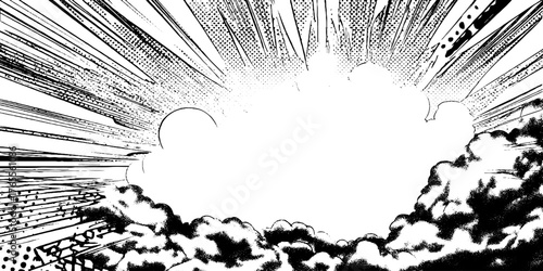Dynamic manga smoke explosion with curved energy rays inked design