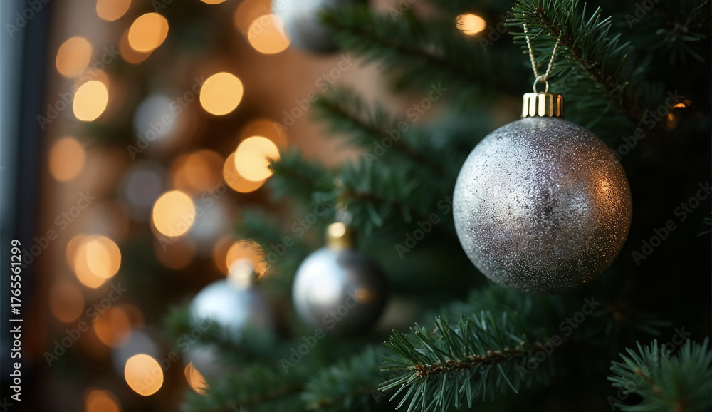 Fototapeta premium Close up of silver Christmas balls on a Christmas tree with bokeh background