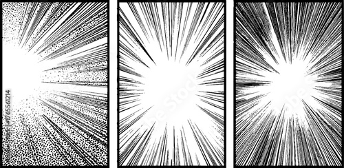 Dynamic manga panels with radiating and diagonal speed lines for comic design