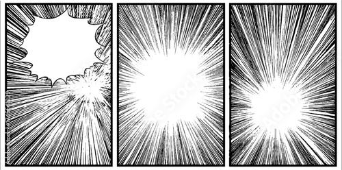 Dynamic manga panels with radiating and diagonal speed lines for comic design