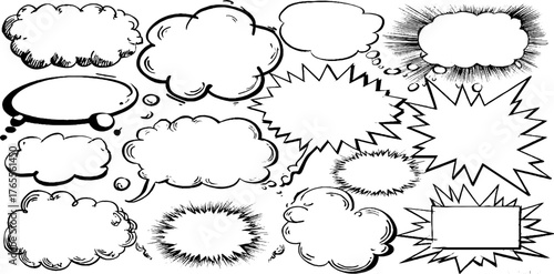 Empty manga speech bubbles and thought clouds for comic design and layout