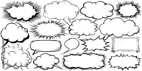 Expressive manga speech bubbles and explosion shapes for comic design
