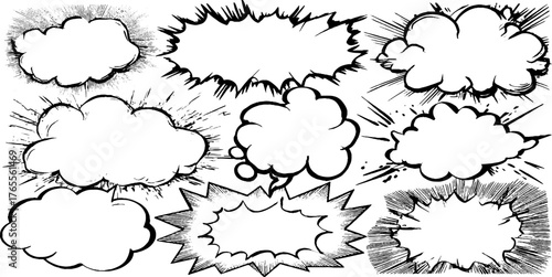 Expressive manga speech bubbles with thick brush ink for comics and design