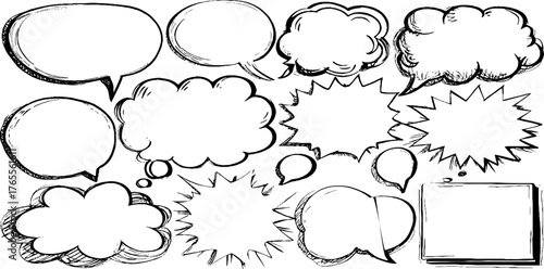 Thin line manga speech bubble set with subtle tone borders for comic designs