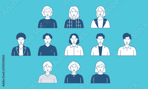 Diverse group of people line art avatars on cyan background illustration