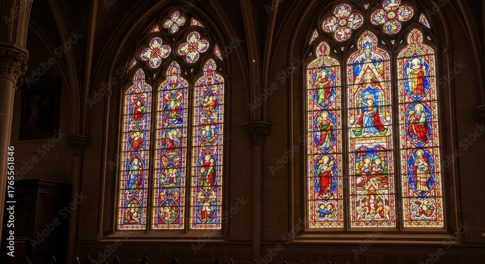 Fototapeta premium Beautiful stained glass windows in historic cathedral interior with vibrant colors