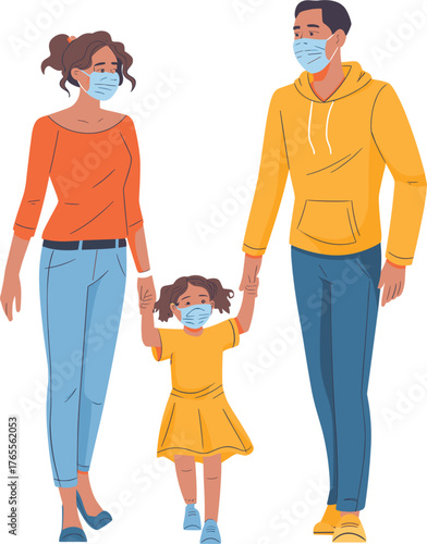 Family with masks during pandemic holding hands walking together outdoors