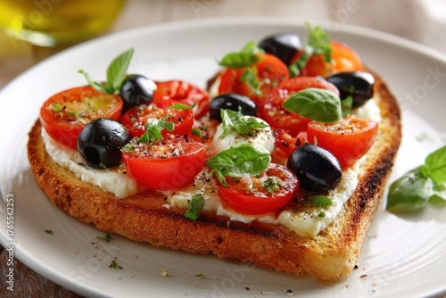 A delicious toast topped with fresh tomatoes, olives, and basil, drizzled with olive oil, served on a white plate, showcasing a vibrant and appealing dish.