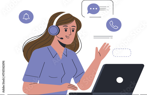 Female customer service representative with headset and laptop online assistance