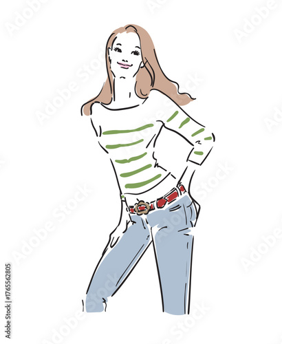 カジュアルファッションのロングヘア美しい女性