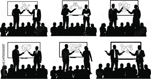 Business presentation speaker team showing strategy on board to audience, corporate training seminar workshop illustration