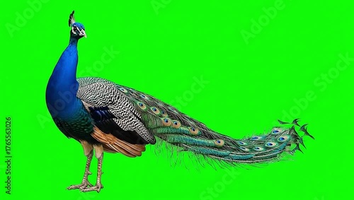 Magnificent Indian Peafowl Walking Slowly on Bright Green Screen Background, Detailed Peacock Footage