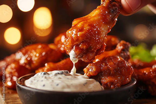 Chicken wings dipped in creamy blue cheese dressing.