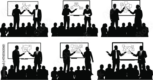Business presentation speaker team showing strategy on board to audience, corporate training seminar workshop illustration