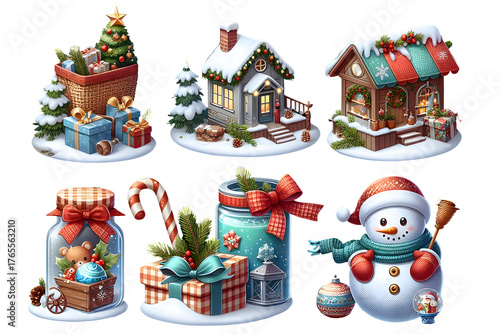 6 verschiedene weihnachtliche Motive, freigestellt als PNG isoliert