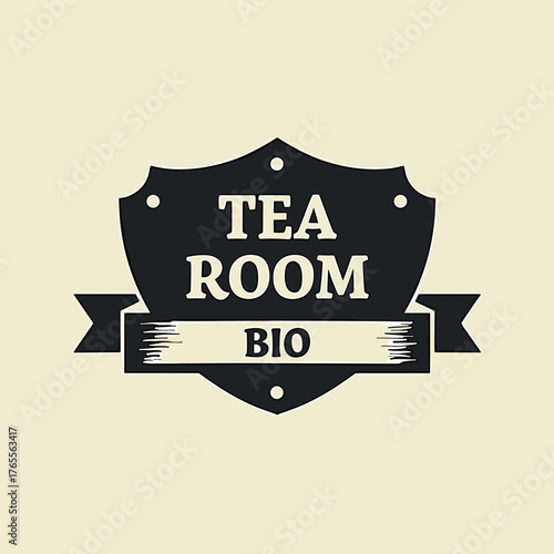 Tea room design featuring decorative badge with text on beige background. Tea room logo displays ornamented ribbon. Tea room concept is suitable as vintage badge for phytotheme project.