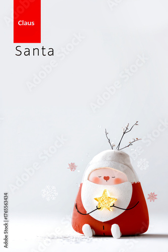 Cartoon Santa Claus holding a glowing star, surrounded by simple snowflake, white background, minimal festive design for advertising, Christmas theme