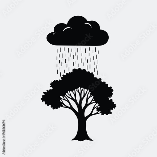 Silhouette of tree getting wet under rainy cloud Vector illustration