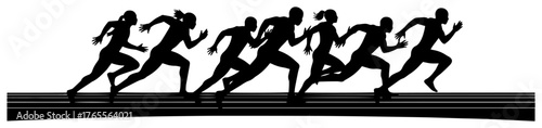 Dynamic sprinters racing in lane sequence silhouette set track and field running sport vector illustration.