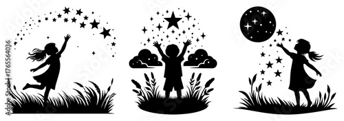 Dreamy children silhouettes catching stars and moon in meadow night sky fantasy imagination vector artwork.
