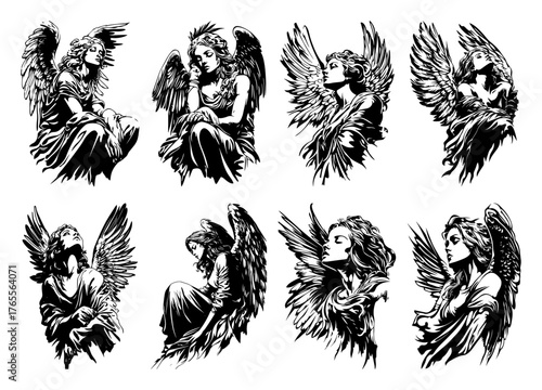 Set of praying angels winged women seated spiritual guardians vintage engraving vector illustration