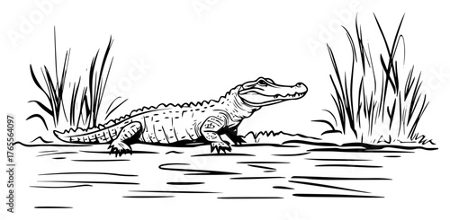 Alligator resting on river bank swamp reeds hand-drawn sketch wildlife vector illustration