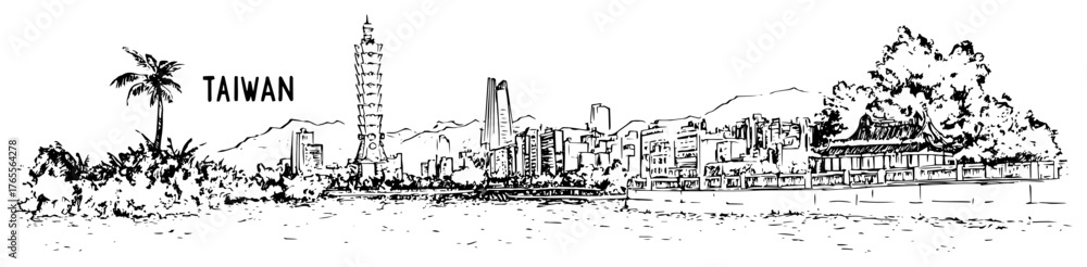 Naklejka premium Taipei city skyline panoramic hand‑drawn illustration with Taipei 101 tower and tropical palm trees Taiwan landmark landscape