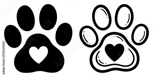Pet paw print icons with heart center love animal footprint logo vector set
