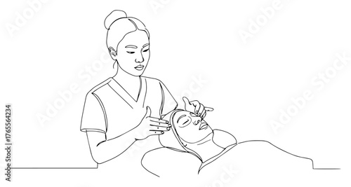 Beautician applying facial mask to woman spa treatment continuous line drawing minimal wellness illustration