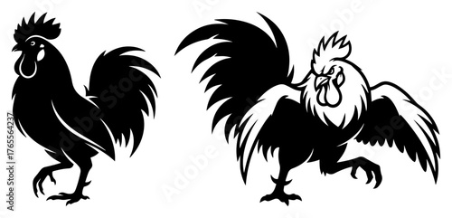 Rooster silhouettes crowing proud farm chicken mascot vector illustration set