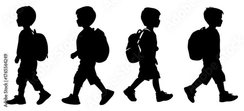 Boy walking with school backpack silhouette sequence child going to class vector illustration set
