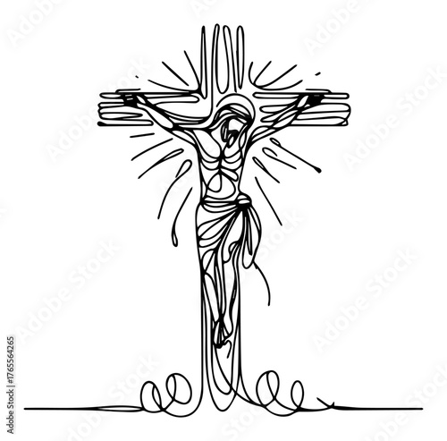 Crucifixion of Jesus glowing rays continuous one line abstract cross passion illustration