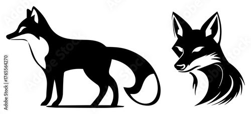 Fox standing and fox head silhouettes elegant wildlife predator logo vector illustration set