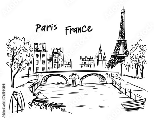 Paris France cityscape sketch with Eiffel Tower Seine river bridge boats and handwritten lettering hand‑drawn travel illustration