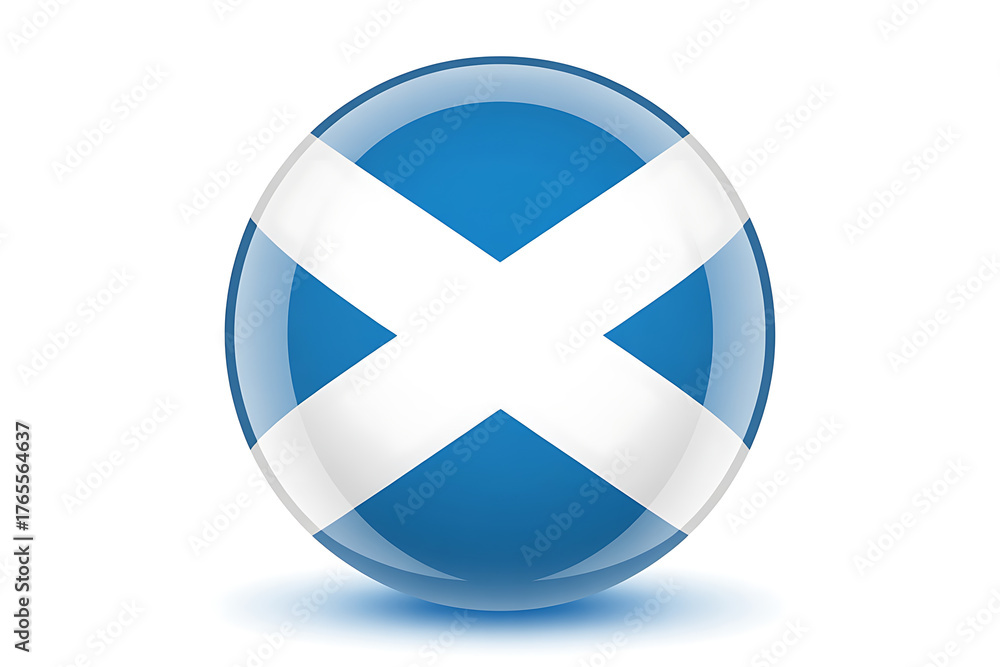 Obraz premium A glossy, spherical representation of a nation's flag, displaying white and blue diagonal crosses.