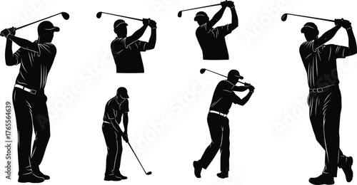 Golfer swing silhouette sequence, golf pose progression, sports motion vector artwork, athletic gesture illustration, cad drawing flat vector illustration
