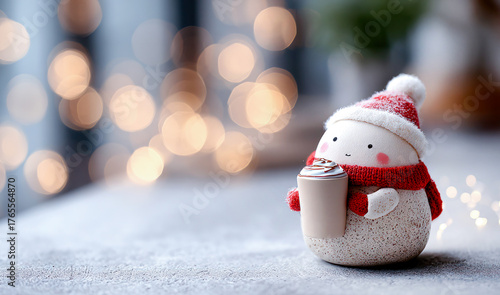 Cute Santa Claus holding hot cocoa standing against bokeh blurred background, Christmas lights glowing, adorable 3D design cartoon, joyful holiday Christmas Festive
